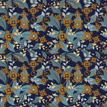 Vector Floral Seamless Pattern With Abstract Flowers, Leaves, Branches. Vintage Floral Texture. Ethnic Folk Style Ornament, Natural Wallpapers. Simple Botanical Background. Repeat Decorative Design
