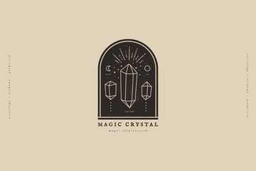 Poster - Logo template with magic shining crystals in a trendy linear style. Minimalistic emblem for packaging design of handmade products and jewelry. Vector retro illustration.