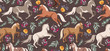 Horses pattern. Wild horses and forest flowers and tree branches. Earthy brown horse pattern. Dark horse pattern. Modern illustration. Beautiful seamless design for wrapping paper, textile, web.