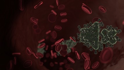 Wall Mural - microscopic 3D rendering view of virus shaped as symbol of volume mute inside vein with red blood cells