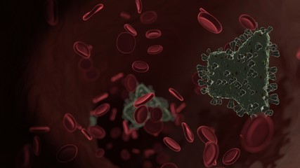 Wall Mural - microscopic 3D rendering view of virus shaped as symbol of volume off inside vein with red blood cells