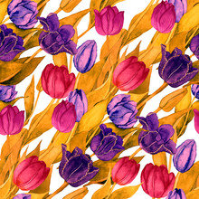 Watercolor Seamless Pattern With Beautiful Creative Tulips. Bright Spring Print. Vintage Floral Texture For Any Kind Of A Design. 