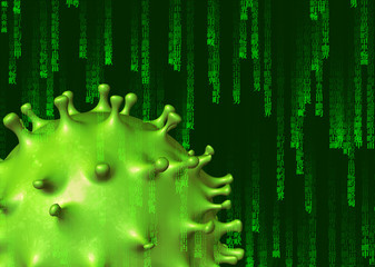 Wall Mural - COVID-19 macro 3d virus cell on Matrix background: it is disease caused by new Coronavirus. Japanese words meaning: black white yellow red blue silver iron copper steel water sea moon tree sky