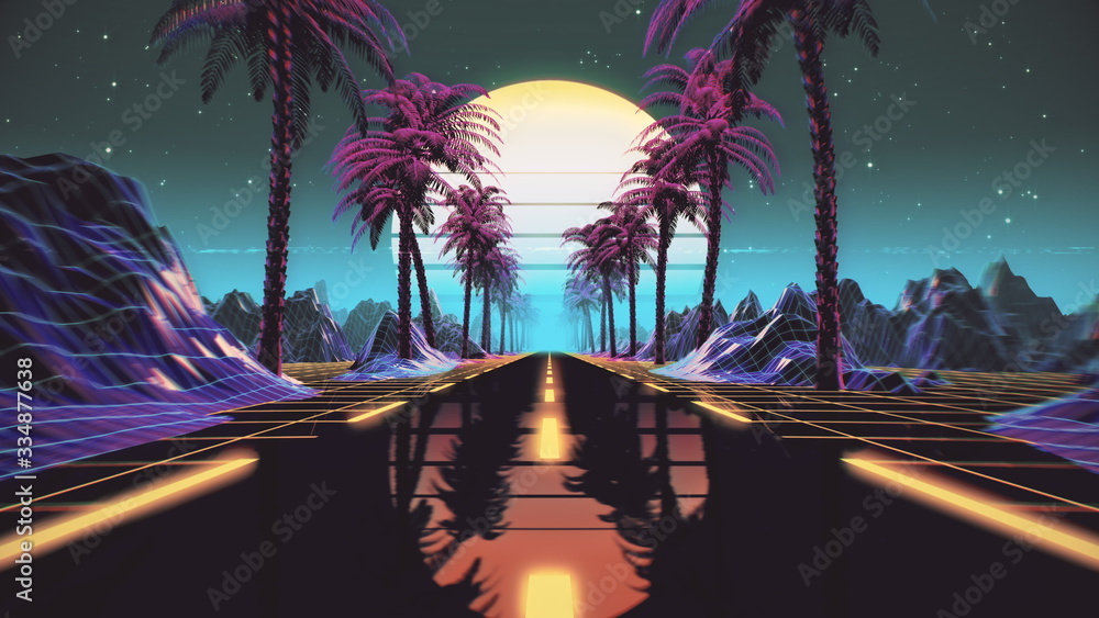 80s retro futuristic sci-fi background. Retrowave VJ videogame landscape with neon lights and low poly terrain grid. Stylized vintage cyberpunk vaporwave 3D render with mountains, sun and stars. 4K - obrazy, fototapety, plakaty 