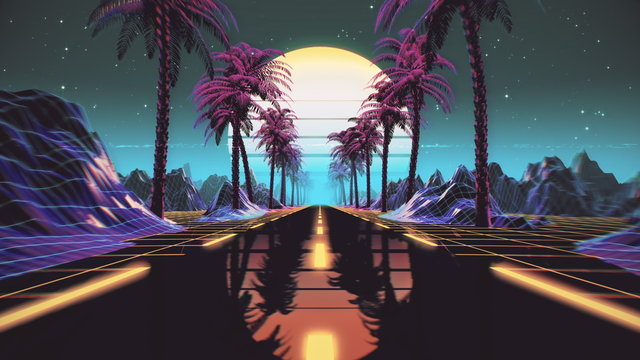 Wall Mural - 80s retro futuristic sci-fi background. Retrowave VJ videogame landscape with neon lights and low poly terrain grid. Stylized vintage cyberpunk vaporwave 3D render with mountains, sun and stars. 4K
