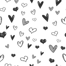 Heart Doodles Seamless Pattern. Love Illustration Hearts Hand Drawn Background.