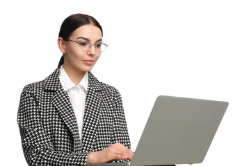 Wall Mural - Young businesswoman with laptop on white background