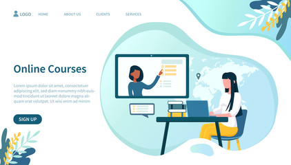 Wall Mural - illustrated online courses concept with woman on laptop. vector illustration