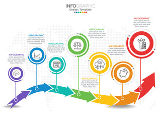 Business 7 step process chart infographics with numbers.