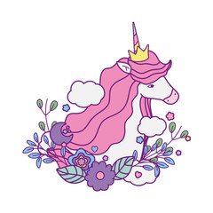 Sticker - unicorn horse cartoon with flowers and clouds vector design