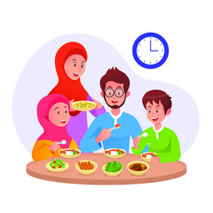 Wall Mural - Muslim Family eating sahur or eat early morning before fasting day ramadan vector illustration