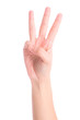 © APHIRAK - woman's hand is counting number 3 or Three isolated on white  background. The concept of hand symbols in counting numbers in order to communicate using gestures.