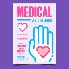 Sticker - Medical Volunteering Advertising Poster Vector. Human Hand Hold Heart, Volunteer Guide And Help, Volunteering Creative Promotional Banner. Concept Template Stylish Color Illustration