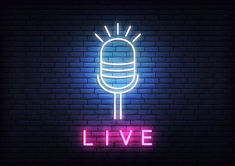 Wall Mural - Live neon template. Template with glowing live text and microphone