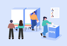 Voting And Election Concept Vector Illustration. Pre-election Campaign. Citizens Putting Paper Vote In To The Ballot Box Candidates.
