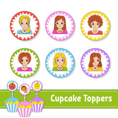 Wall Mural - Cupcake Toppers. Set of six round pictures. Lovely smiling girls. Cartoon characters. Cute image. For birhday, party, baby shower.