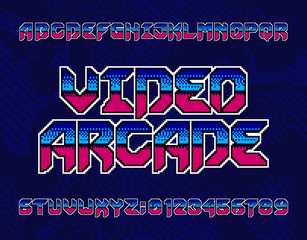 Video Arcade alphabet font. Retro pixel letters and numbers. Pixel background. 80s electronic game typescript.