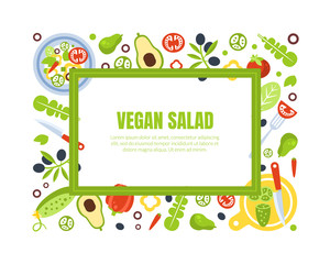 Sticker - Vegan Salad Banner Template with Fresh Organic Healthy Products and Space for Text Vector Illustration