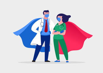 Super doctor and nurse wearing medical masks and capes, superhero couple, vector cartoon illustration