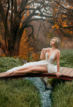 Young Beauty Woman Princess Sits On Wooden Bridge. Lady Goddess Blonde Hair Relax Enjoy Nature Green Grass Water In Stream Yellow Leaves Autumn Forest Black Tree Trunks. White Dress Long Slender Legs