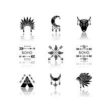 Native American Accessories Drop Shadow Black Glyph Icons Set. Tribe Chief Hat And Teepee. Boho Dreamcatcher Amulets. Moon, Arrows And Feathers Charm. Isolated Vector Illustrations On White Space