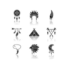 Native American Indian Accessories Drop Shadow Black Glyph Icons Set. Tribe Chief Hat And Teepee. Necklace With Tooth, Arrow With Feathers. Isolated Vector Illustrations On White Space