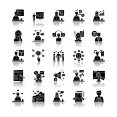 Canvas Print - Freelance professions drop shadow black glyph icons set. Web development and graphic designing, tutoring and copywriting. HR management, data entry jobs. Isolated vector illustrations on white space