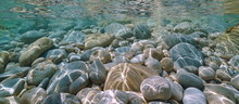 Pebbles And Rocks Underwater Near Sea Shore, Natural Scene, Mediterranean Sea, Alicante, Valencia, Spain