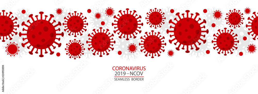 Coronavirus - 2019 - nCoV. Covid 19 seamless Banner with Coronavirus Bacteria Cell header Icons. Corona virus header infection concept Vector illustration. - obrazy, fototapety, plakaty 