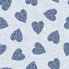 Wall Mural - Jeans background with hearts. Denim seamless pattern. Blue jeans cloth. Valentine's Day wallpaper.