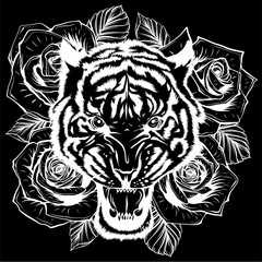 Sticker - vector illustration of roaring tiger head and roses in black background