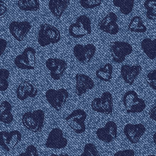 Vector Denim Seamless Pattern. Jeans Background With Hearts. Blue Jeans Cloth. Valentine's Day