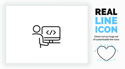 Editable real line icon of a stick figure frontend developer on his computer coding an app or website in modern black lines on a clean white background