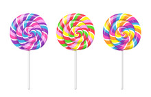 Lollipop With Spiral Rainbow Colors, Twisted Sucker Candy On Stick. Vector Cartoon Set Of Round Candies With Striped Swirls. Hard Sugar Caramel, Lollypop Isolated On White Background