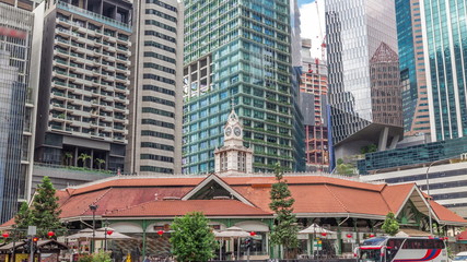 Telok ayer market with tall skyscrapers on a background timelapse hyperlapse.