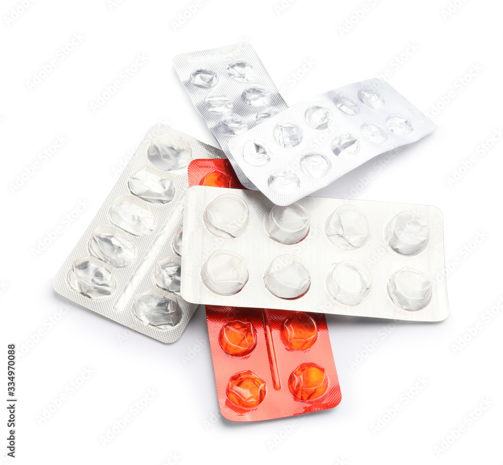 Empty blister packs for pills on white background