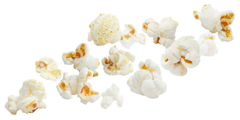 Flying popcorn, isolated on white background