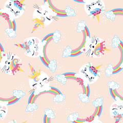 Wall Mural - Cute cat unicorns, doodle illustration for kids