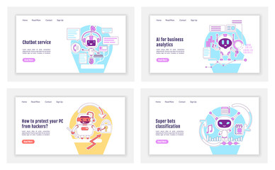 Wall Mural - bad and good bots landing page flat silhouette vector templates set. personal ai assistants homepage