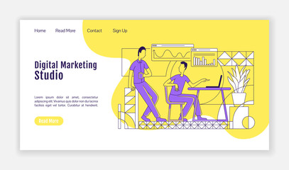 Wall Mural - digital marketing studio landing page flat silhouette vector template. seo analysis homepage layout.