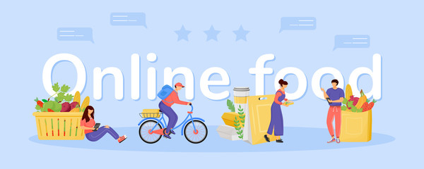 Wall Mural - grocery ordering and delivery word concepts flat color vector banner. online food typography with ti