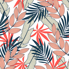 Original seamless tropical pattern with bright plants and leaves on a white background. Seamless pattern with colorful leaves and plants. Exotic wallpaper. Hawaiian style.