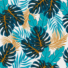  Original seamless tropical pattern with bright plants and leaves on a light background. Tropical botanical.  Jungle leaf seamless vector floral pattern background.