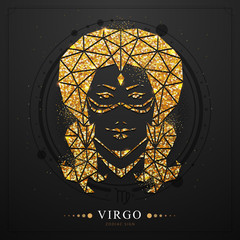 Modern magic witchcraft card with polygonal golden astrology Virgo zodiac sign. Polygonal golden woman head on  black background