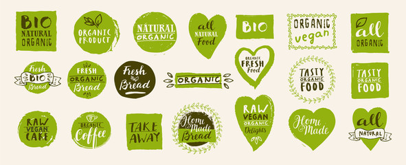 Set of take away bio, vegan, organic, fresh, raw, tasty natural food labels. Hand drawn home delivery logo templates