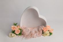 Heart Of Wood Decorated With Roses. Basket For Newborn Photo Shoot. Pink Rose. Heart