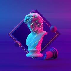 Wall Mural - 3d-illustration of an abstract composition of bust and primitive objects on violet background