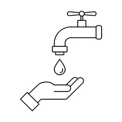 Hand and faucet line icon. Wash hands sign. Save water concept. Drop in a palm. Antivirus and antibacterial protection. Personal hygiene. Black outline on white. Vector illustration, flat, clip art. 