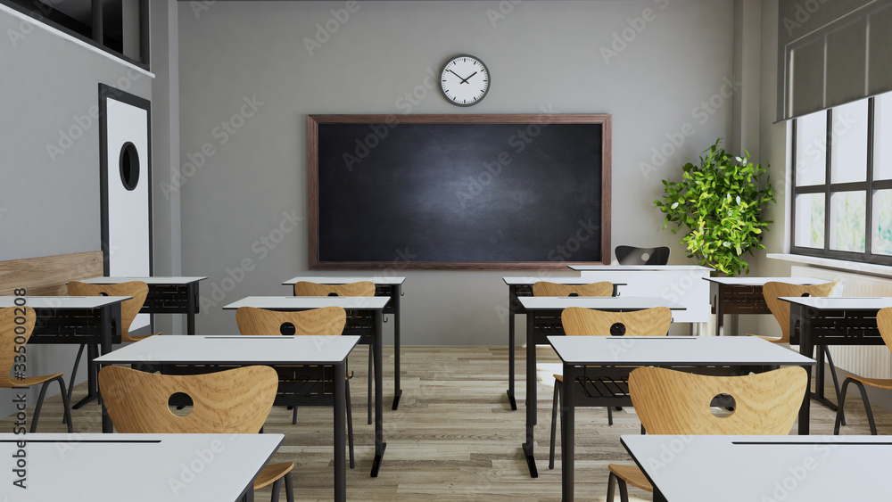 Modern classroom design with modern desk and seat 3D rendering - obrazy, fototapety, plakaty 