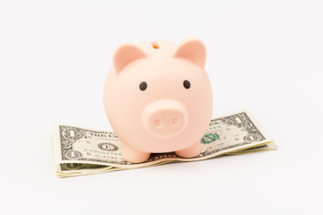 Pink piggy bank on dollars, isolated on white background. Concept of savings